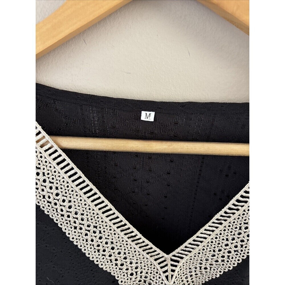 Women's Black Lace Blouse M Long Sleeve Stretch Tan Lace Accent Sheer Dressy Top - Picture 7 of 8